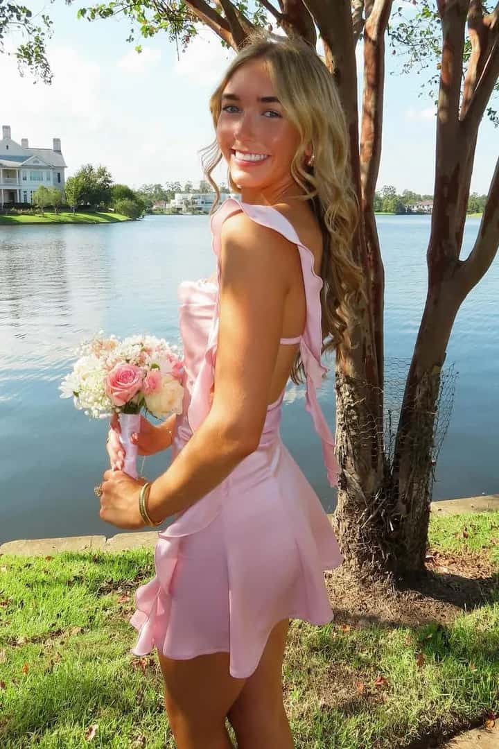 Pink Satin Ruffle Straps Short Dress