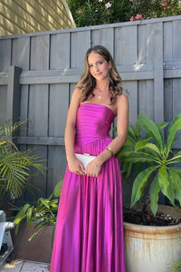 Fuchsia Metallic Strapless Long Party Dress