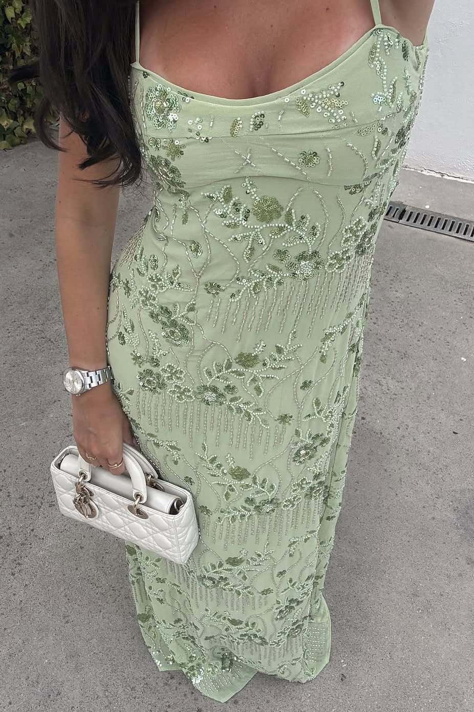 Straps Green Beaded Back Tie Dress
