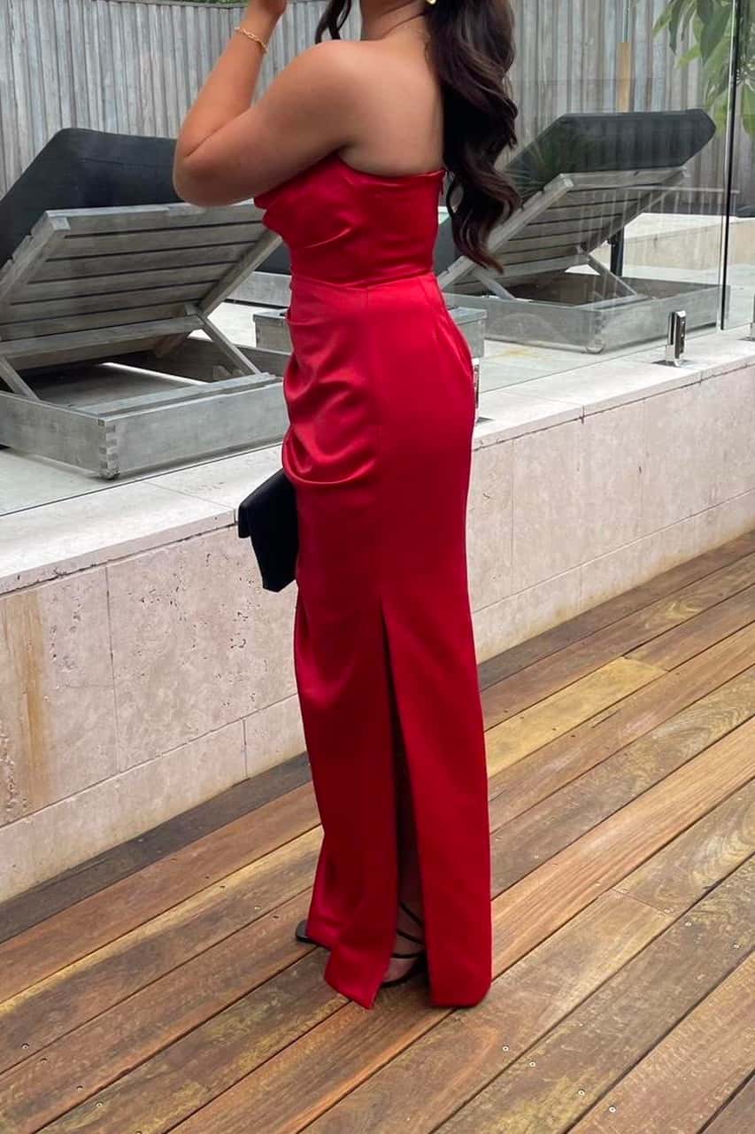 Red Satin Cowl Neck Ruched Dress