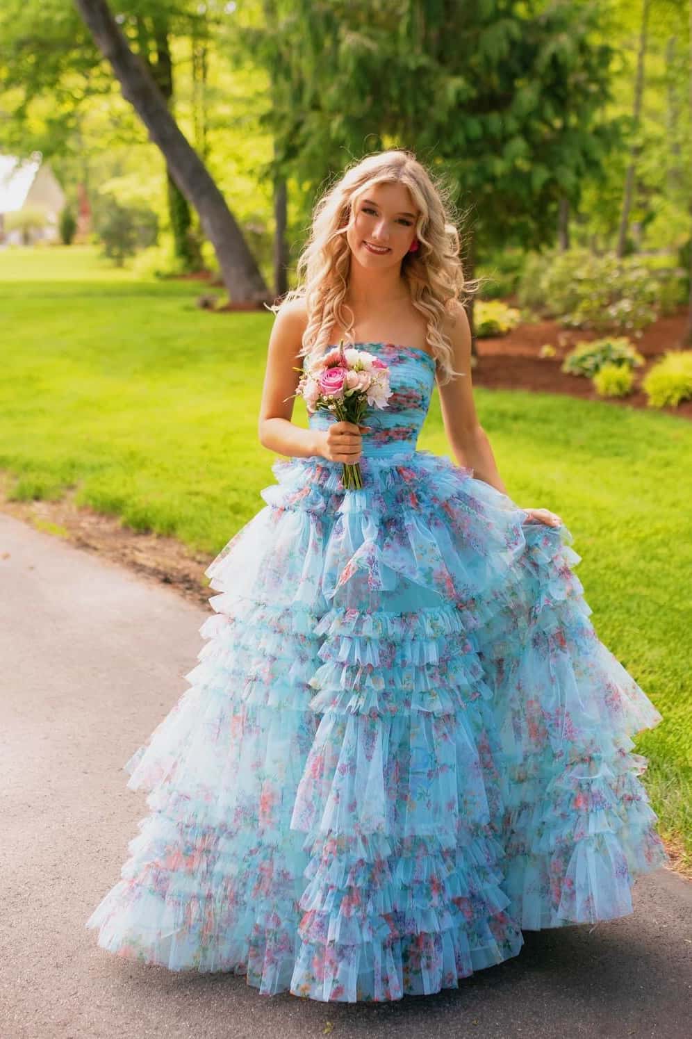 Blue Floral Strapless Tiered Formal Dress Blue Floral Strapless Tiered Formal Dress