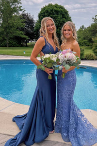 V Neck Navy Blue Twist Mermaid Formal Dress