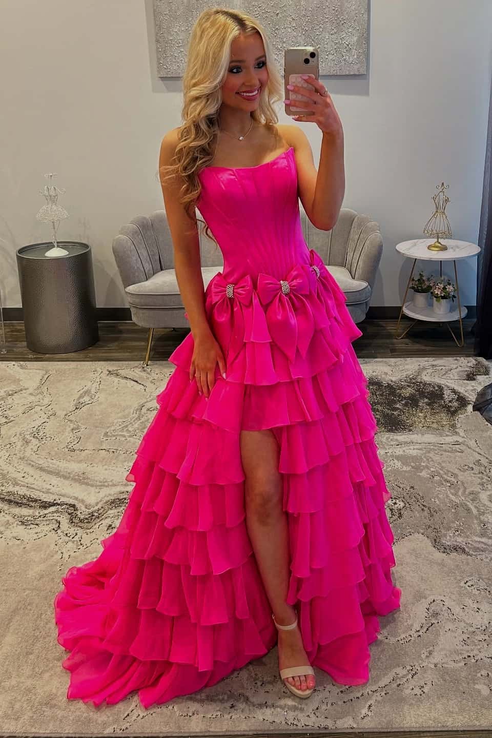 Yellow Bows Strapless Ruffle Long Dress