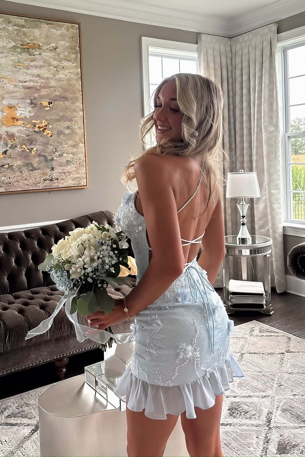 Sky Blue Lace Tight Ruffle Short Dress Dreamdressy Sky Blue Lace Tight Ruffle Short Dress Dreamdressy