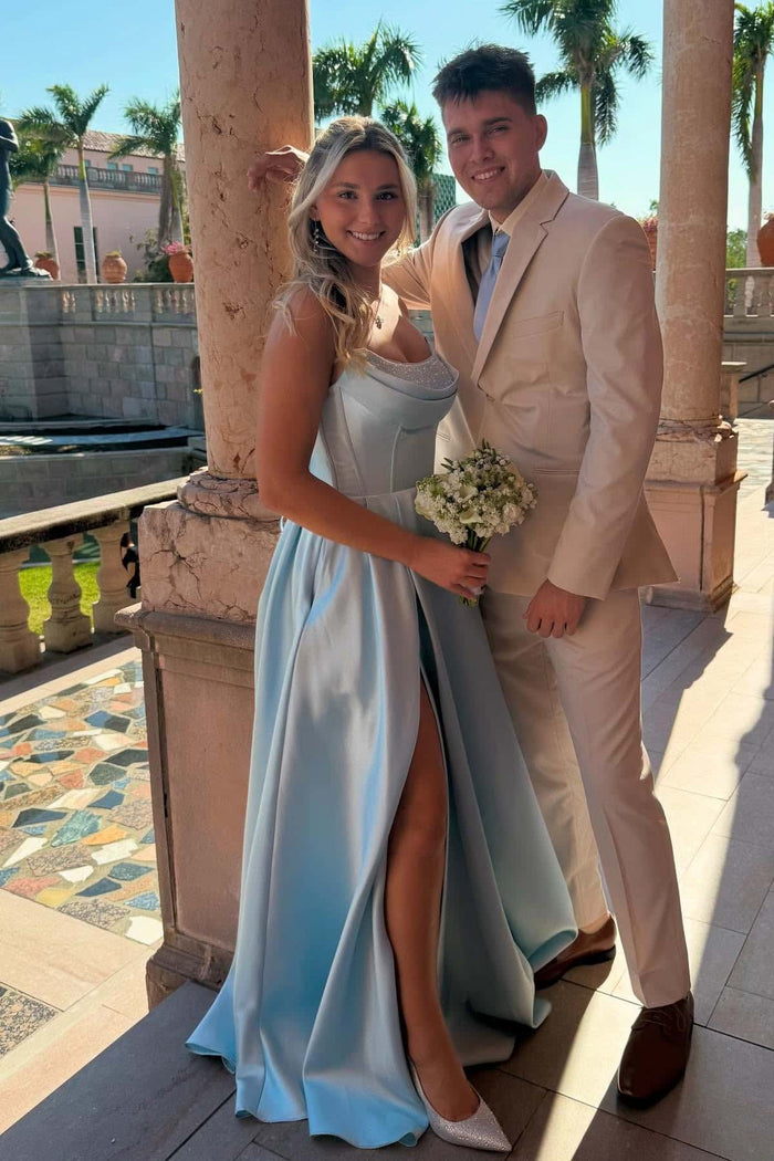 Beaded Cowl Neck Blue Satin A-line Dress