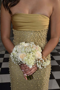 Gold Strapless Pearls Fitted Party Dress
