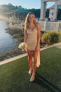 Champagne Sequin Ruched Tight Dress with Train