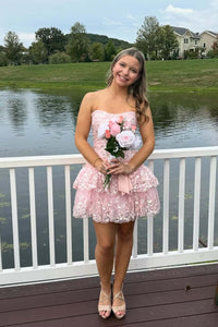 Strapless Pink Appliques Tiered Short Dress