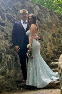 Blue Sequin Ruched Mermaid Long Dress