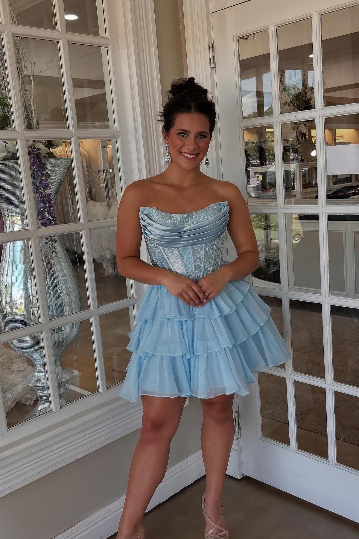 Beaded Yellow Corset A-line Short Ruffle Dress