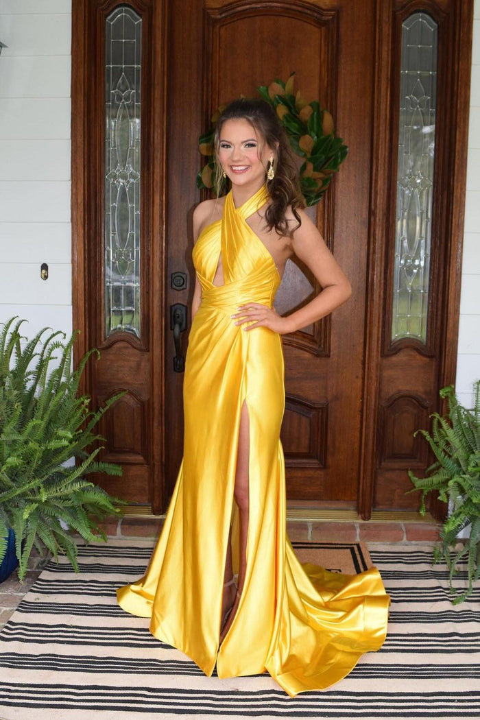 Halter Yellow Satin Ruched Long Formal Dress with Slit