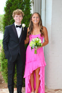 Strapless Hot Pink Chiffon Ruffle Long Party Dress