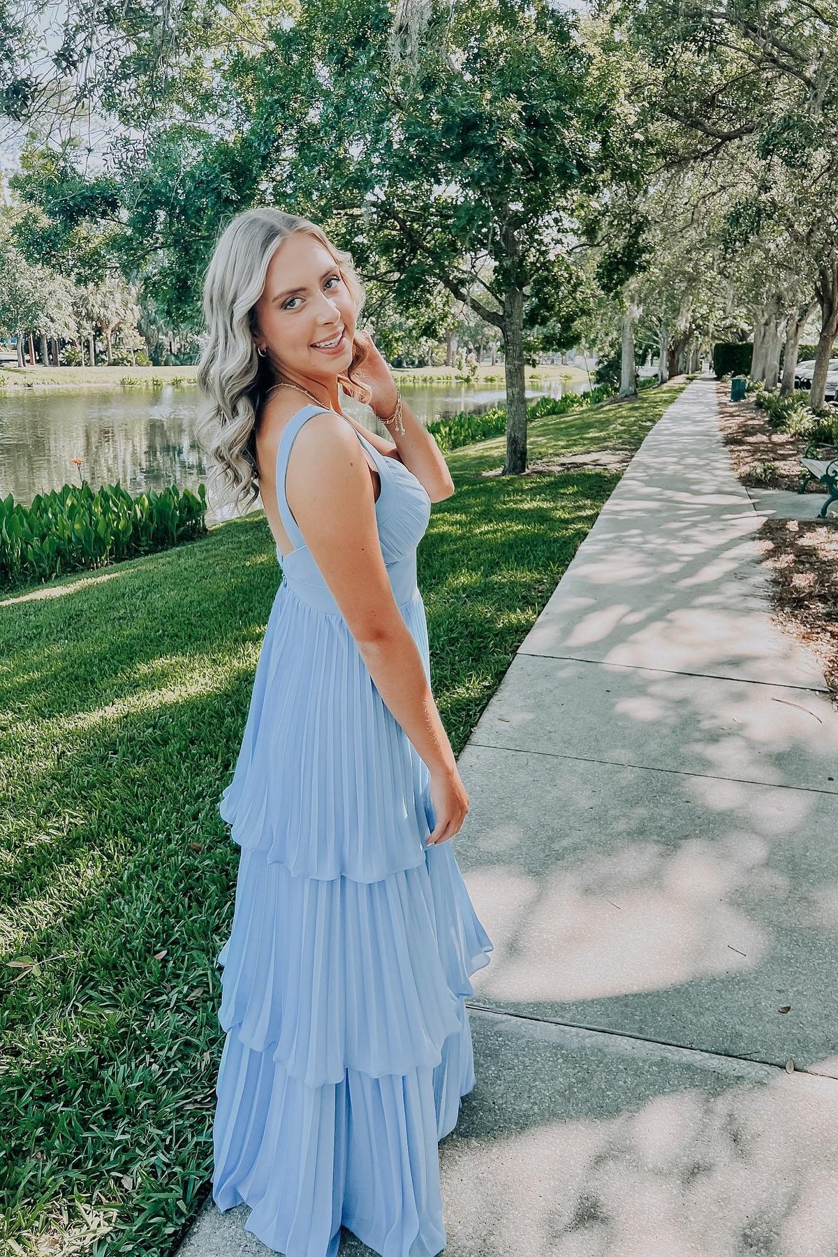 blue pleated chiffon dress Blue Pleated Chiffon Dress