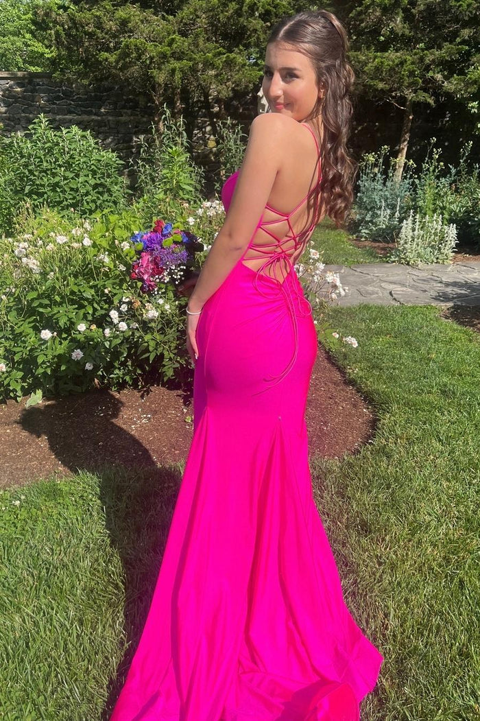 Straps Hot Pink Satin Mermaid Formal Dress