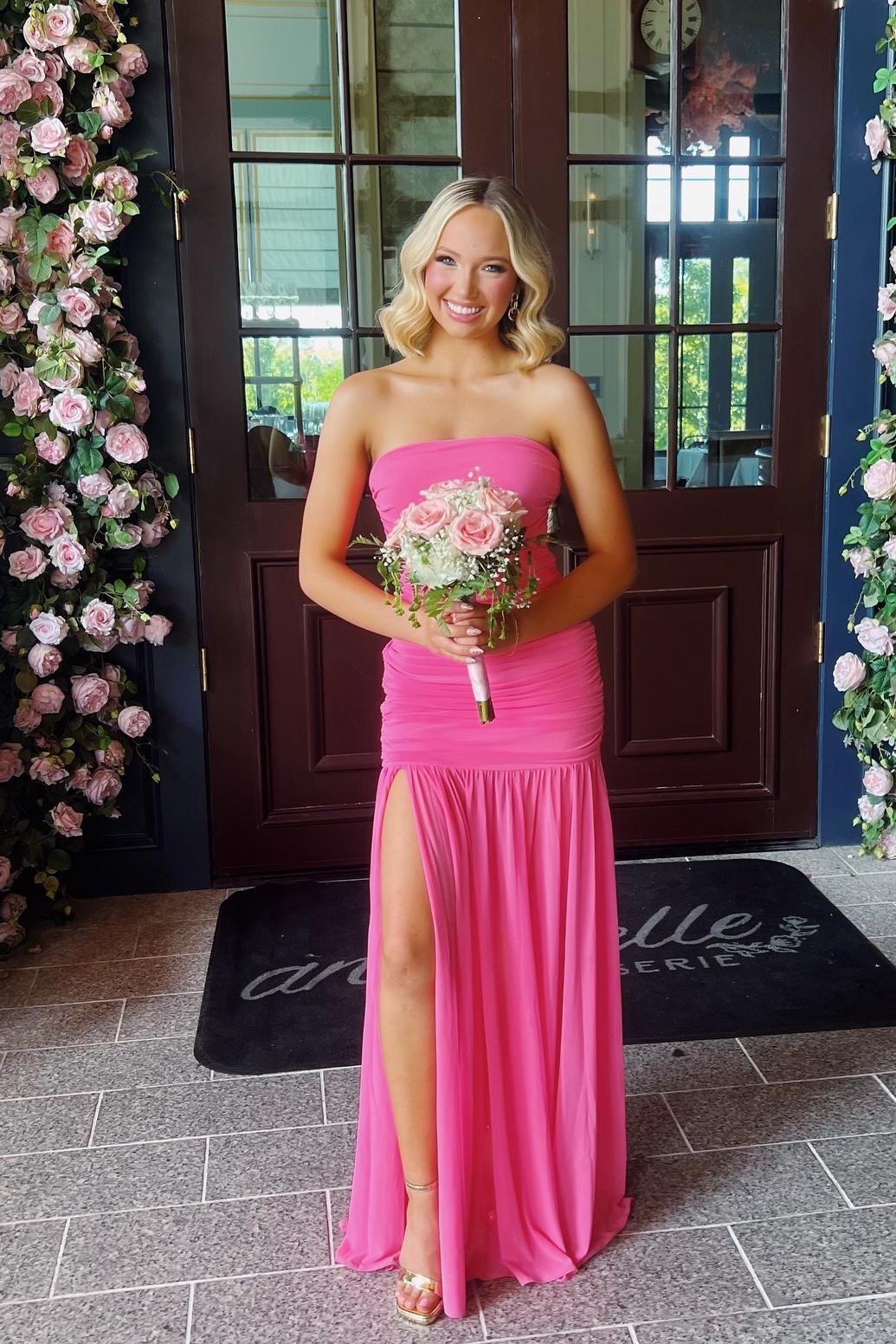 Strapless Hot Pink Chiffon Ruched Long Party Dress Dreamdressy Strapless Hot Pink Chiffon Ruched Long Party Dress Dreamdressy