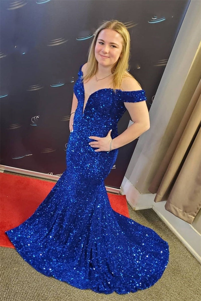 Off the Shoulder Royal blue Sequin Mermaid Long Prom Dress