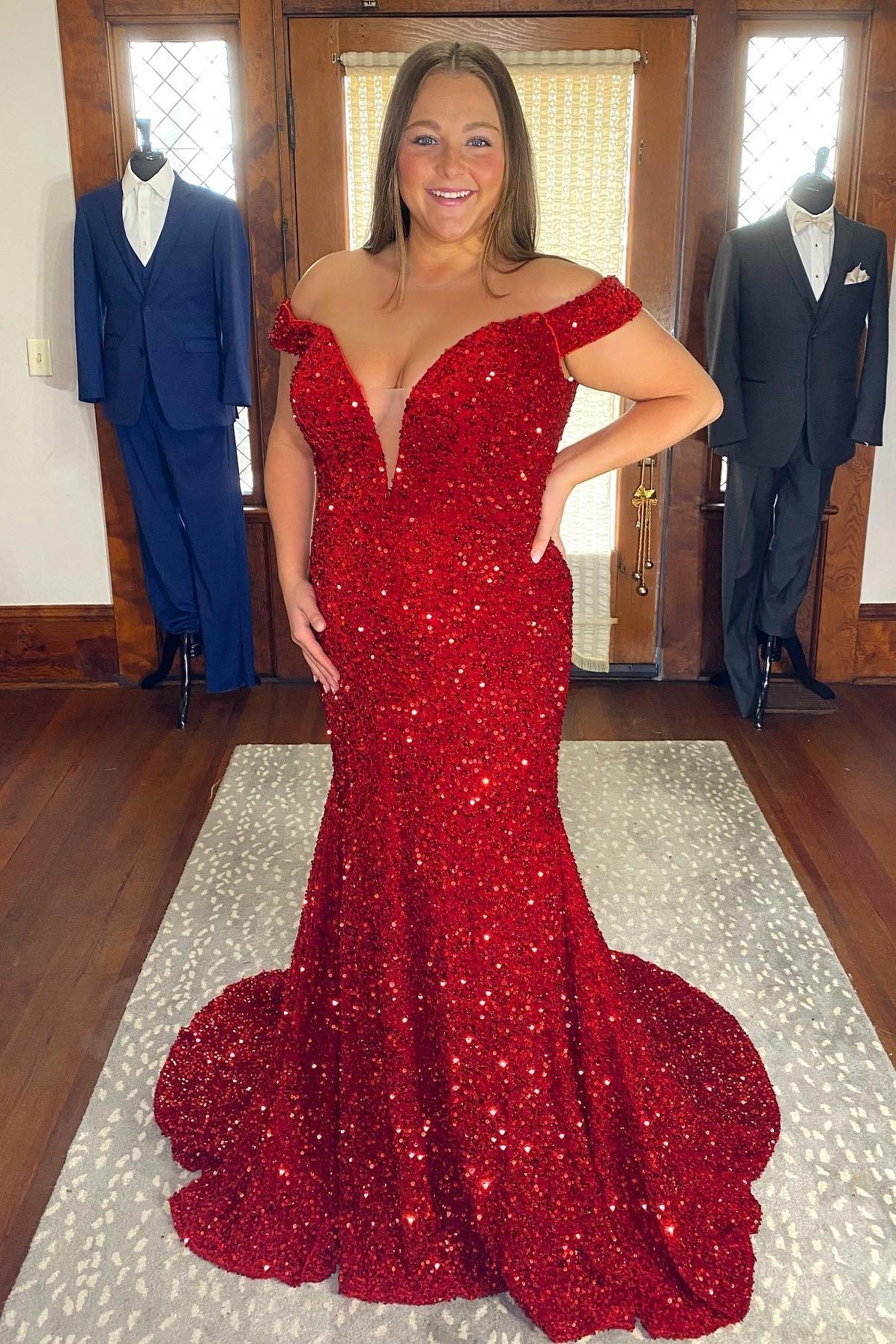 Off the Shoulder Royal blue Sequin Mermaid Long Prom Dress