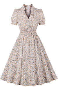 Apricot Floral V Neck Chiffon A-line VIntage Dress