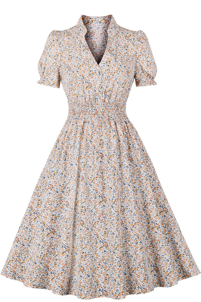Apricot Floral V Neck Chiffon A-line VIntage Dress