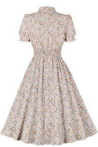 Apricot Floral V Neck Chiffon A-line VIntage Dress