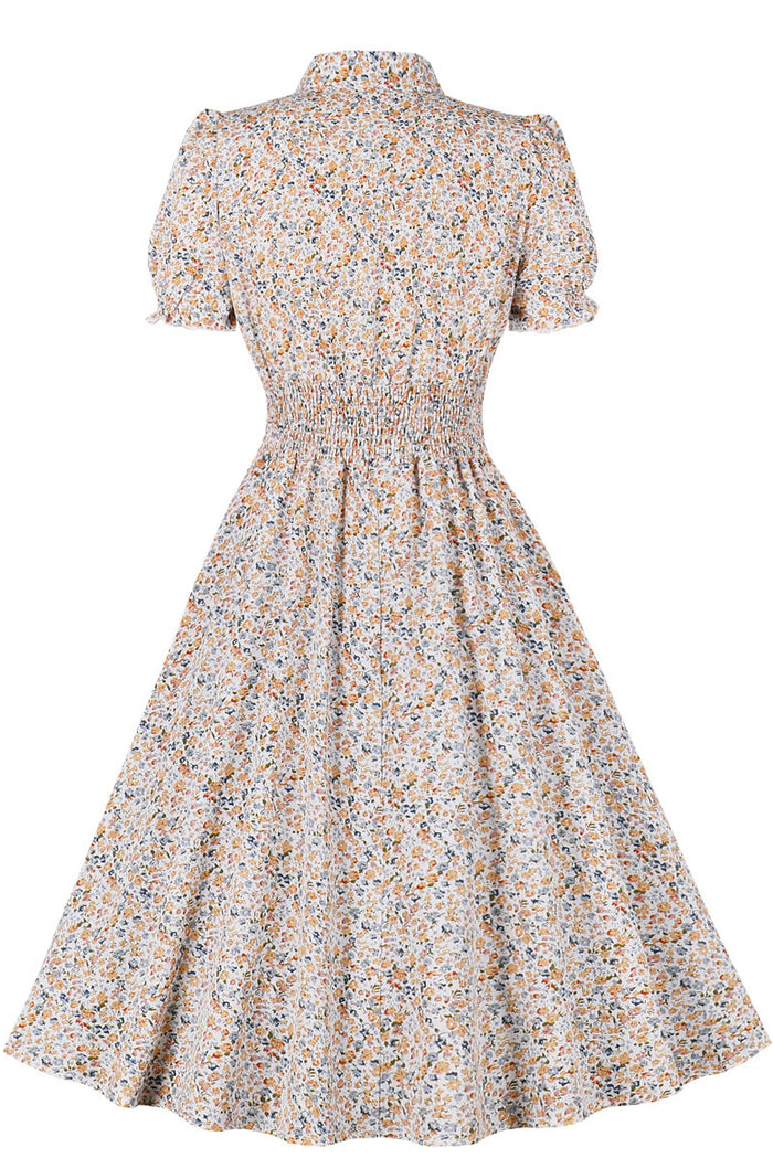 Apricot Floral V Neck Chiffon A-line VIntage Dress