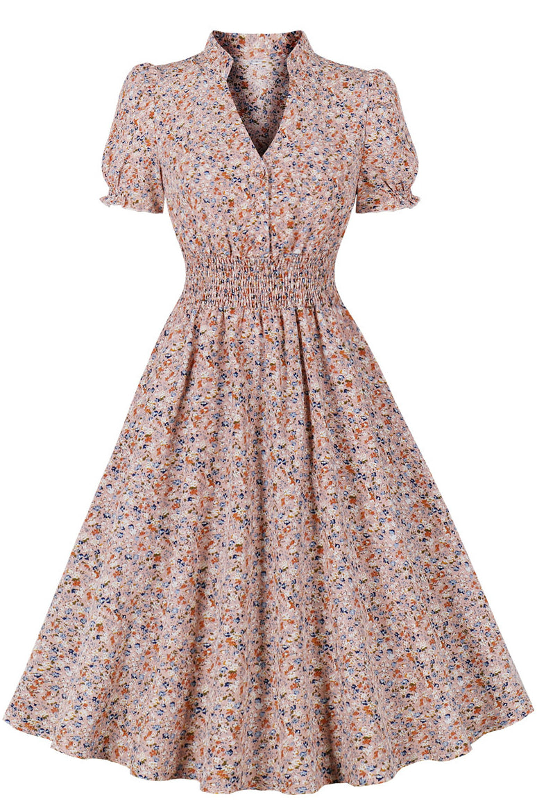Dusty Pink Floral V Neck Chiffon A-line VIntage Dress