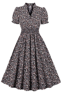 Dark Navy Floral V Neck Chiffon A-line VIntage Dress