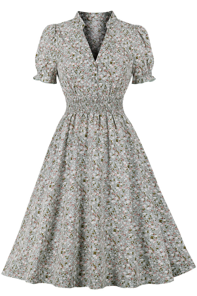 Light Green Floral V Neck Chiffon A-line VIntage Dress
