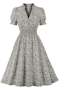 Light Green Floral V Neck Chiffon A-line VIntage Dress