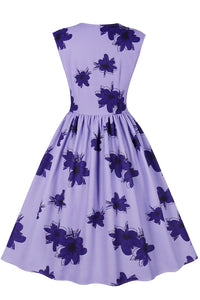 Lavender Sleeveless Floral A-line Vintage Dress