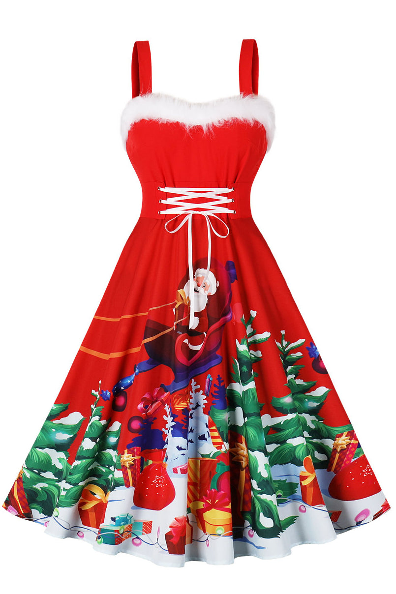 Christmas Red A-line Furry Neck Lace-Up Vinrtage Dress