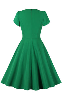 Green Bow Tie Detail Short Sleeves A-line Vintage Dress