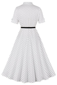 White Lapel Dot Short Sleeves A-line Vintage Dress