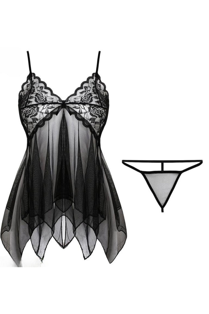 Black V Neck Straps Lace Illusion Lingerie