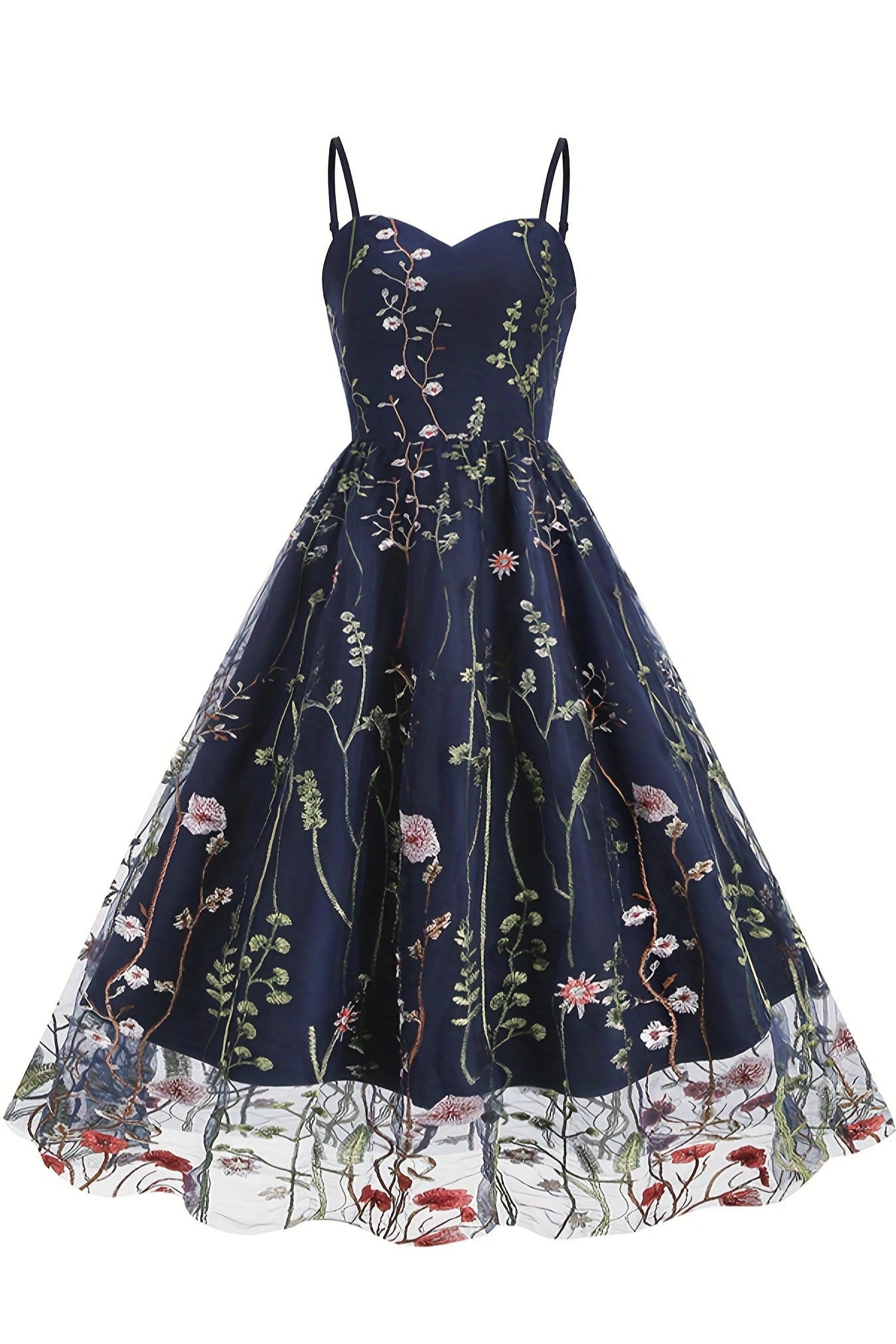 Dark Navy Floral Embroidery A-line Slip Vintage Dress Dreamdressy Dark Navy Floral Embroidery A-line Slip Vintage Dress Dreamdressy