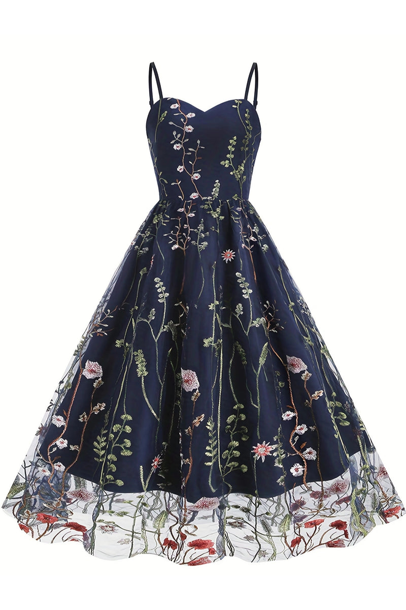 Dark Navy Floral Embroidery A-line Slip Vintage Dress – Dreamdressy