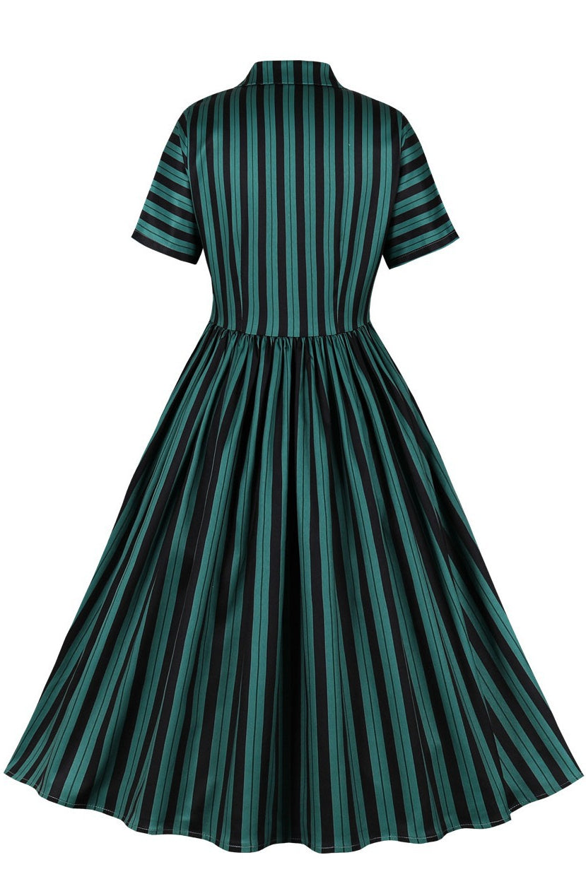 Green Stripes Lapel A-line Vintage Dress
