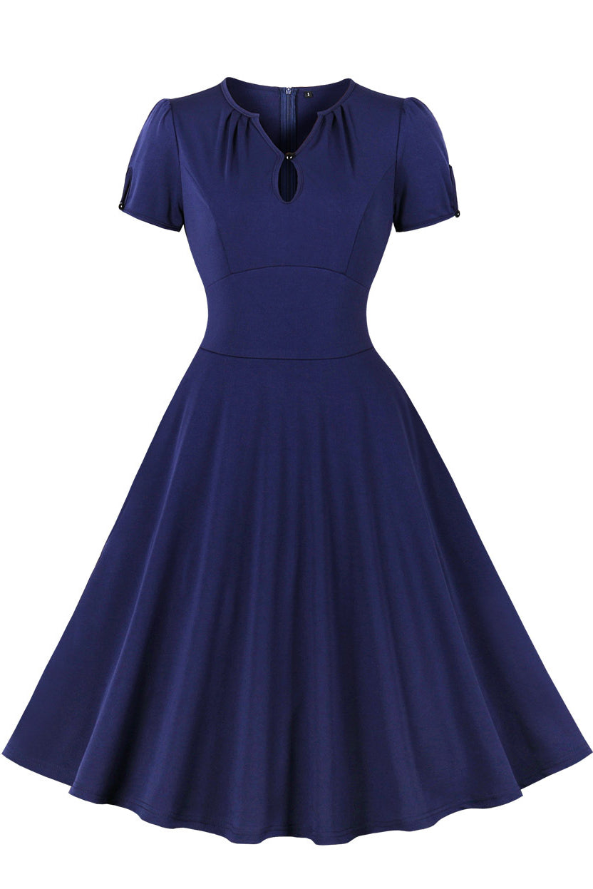 Navy Blue Short Sleeves A-line V Neck Vintage Dress