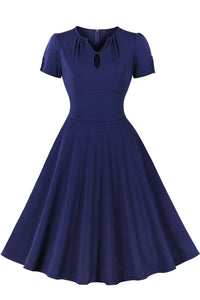 Navy Blue Short Sleeves A-line V Neck Vintage Dress