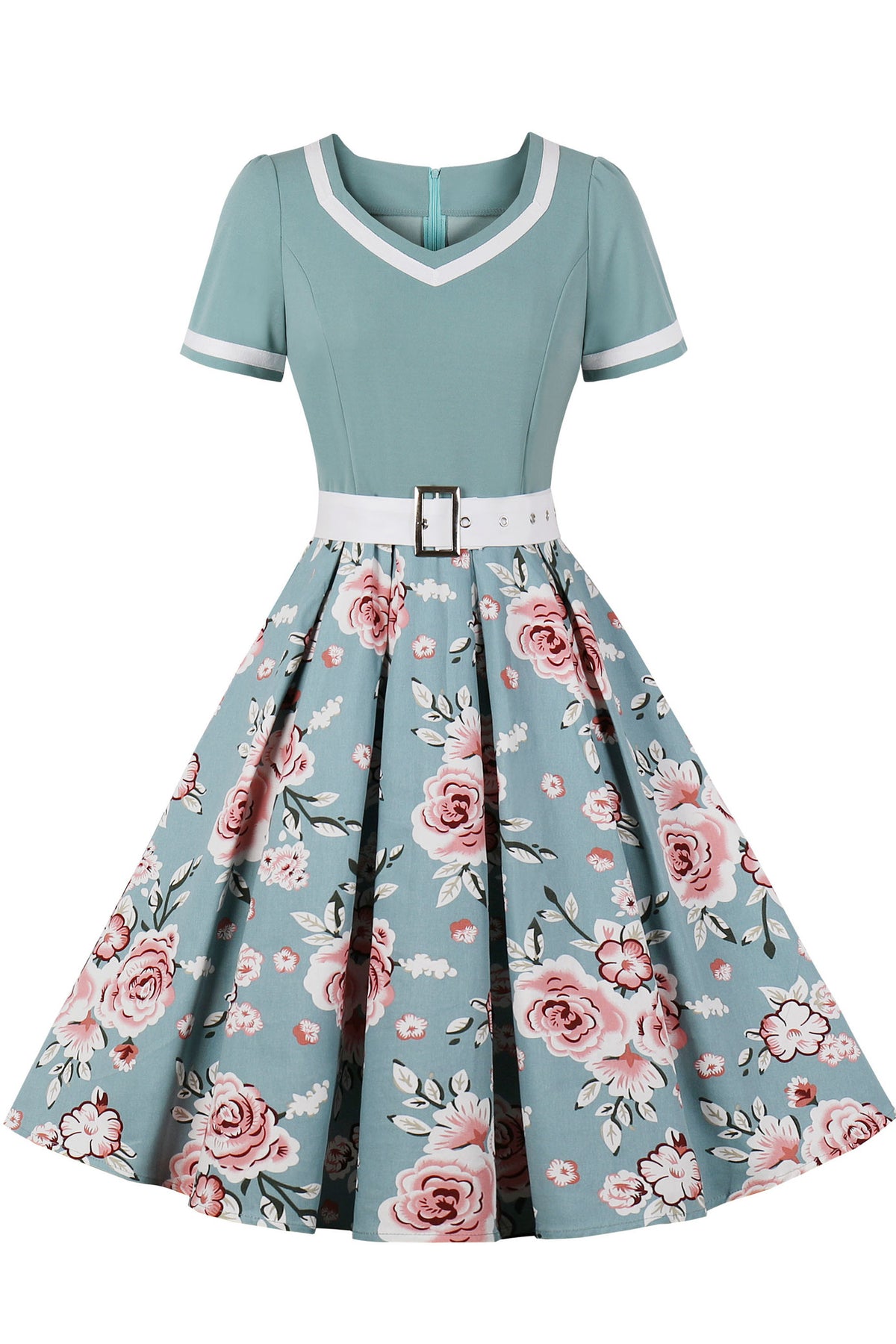 Sage Green V Neck A-line Floral Vintage Dress with Belt
