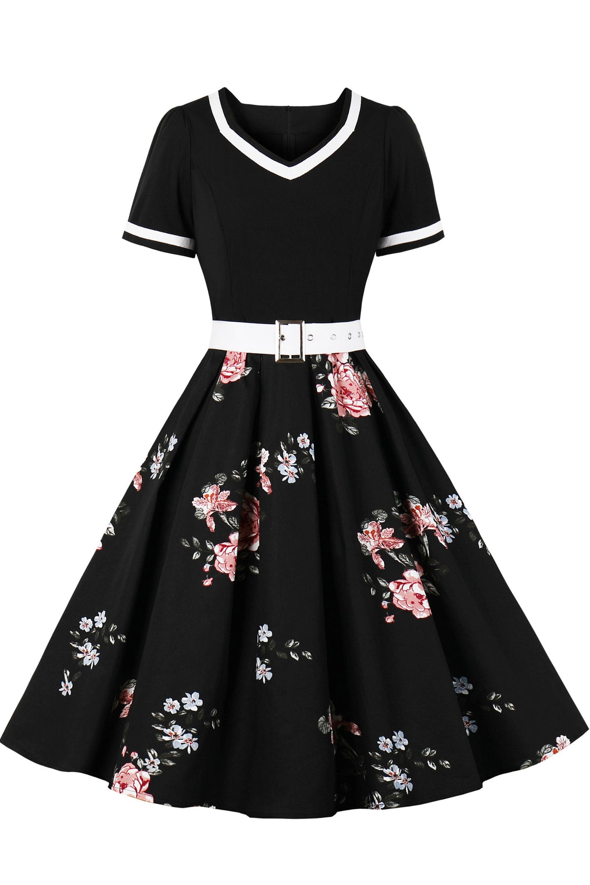 Black V Neck A-line Floral Vintage Dress with Belt