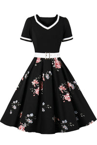 Black V Neck A-line Floral Vintage Dress with Belt