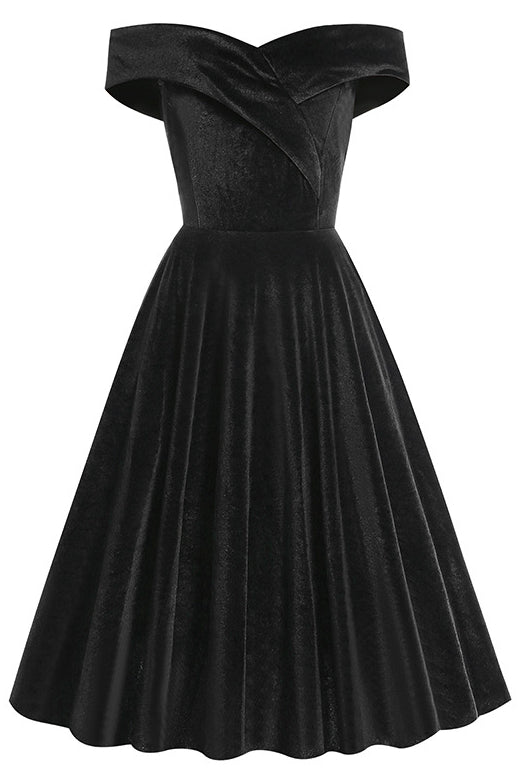 Red Off-Shoulder Velvet A-line Vintage Dress  Dreamdressy