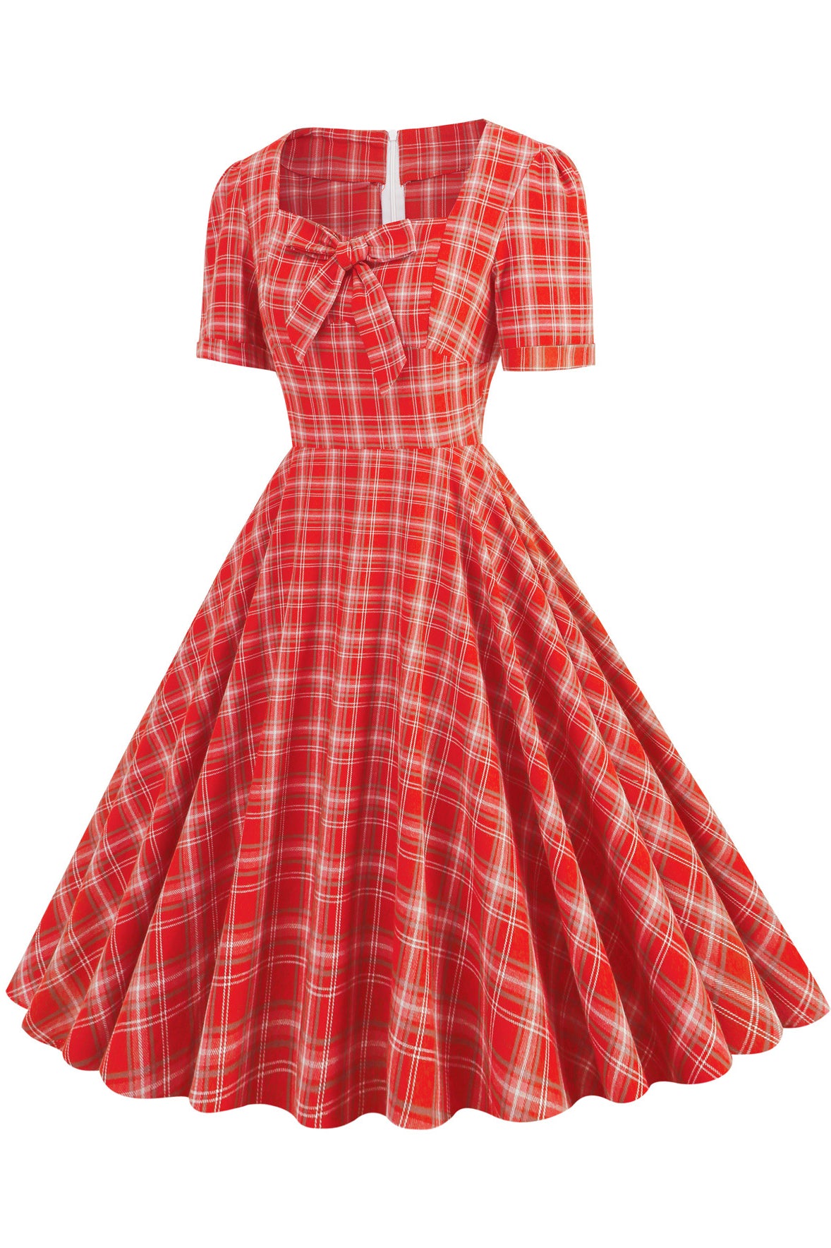 Herbene Red Plaid A-line Dress with Bow Herbene Red Plaid A-line Dress with Bow