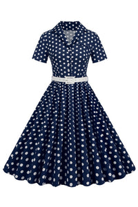 Dark Navy Lapel Dotted A-line Vintage Dress with Belt