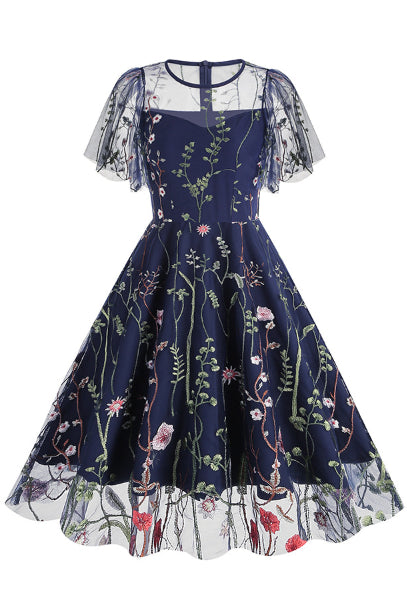 Dark Navy Illusion Neck Embroideries A-line Vinatge Dress