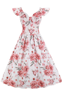 White Floral Flutter Sleeves A-line Vintage Dress