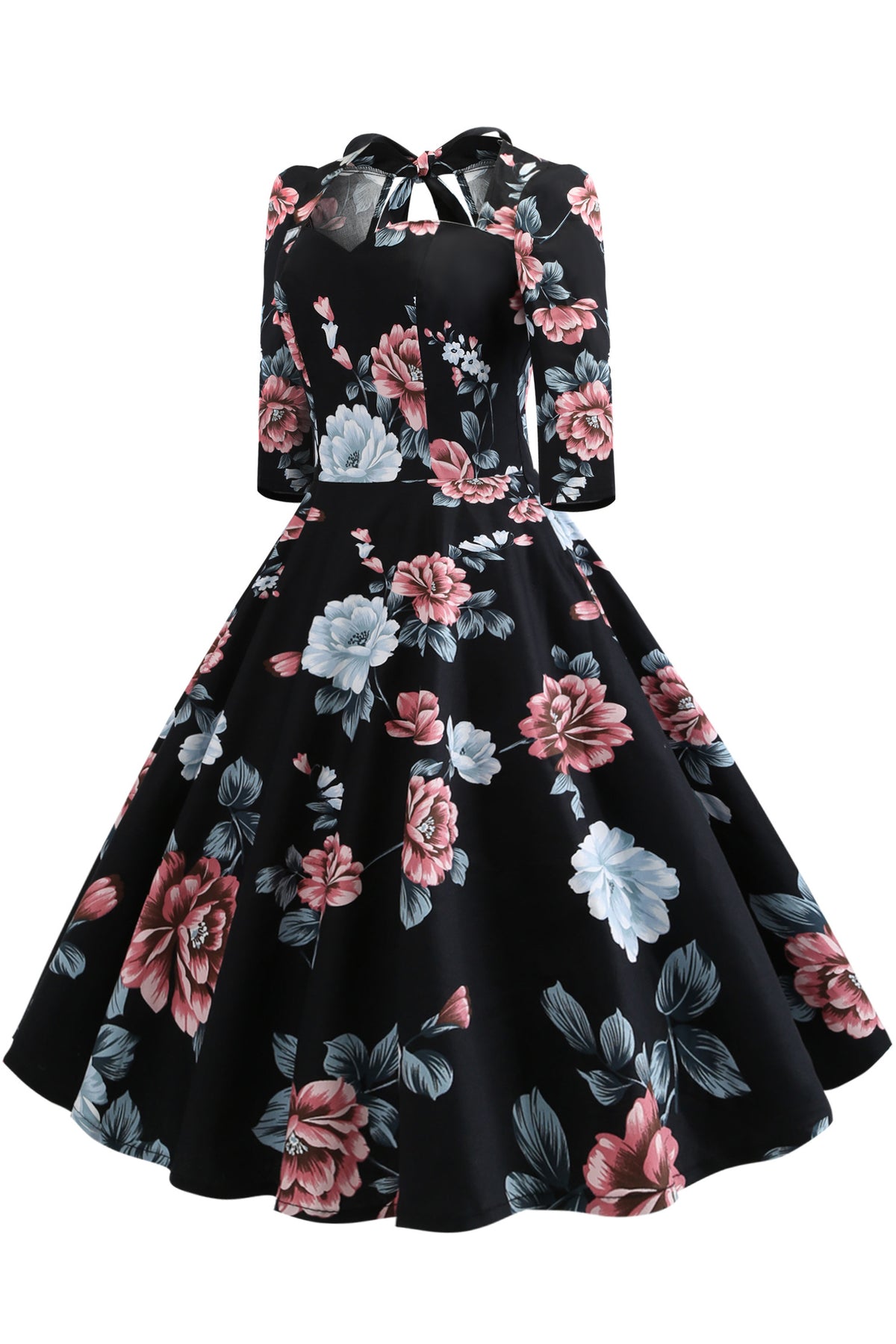 3 Styles Floral 1/2 Sleeves A-line Vintage Dress