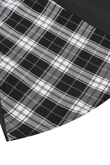 Black Plaid A-line Asymmetrical Neck Long Sleeves Vintage Dress