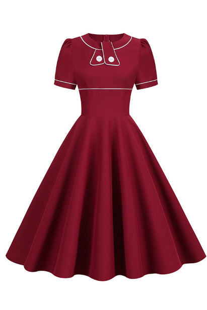Red Short Sleeves A-line Vintage Dress